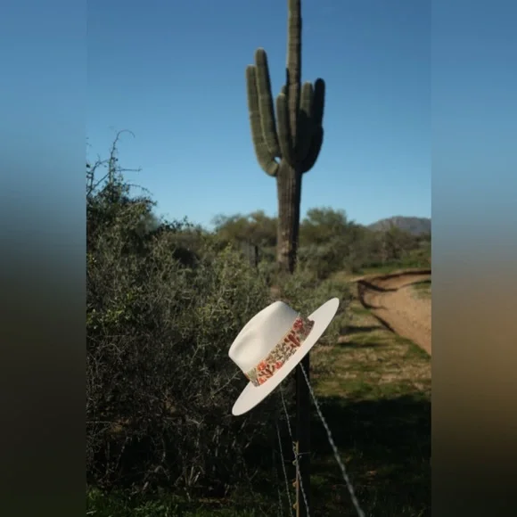 White Grey Wool Cowboy Hat – Western Felt Hat with Embroidered Cactus Band Flat Brim Western Hat - The Cactus – Agnoulita Hats main image 3